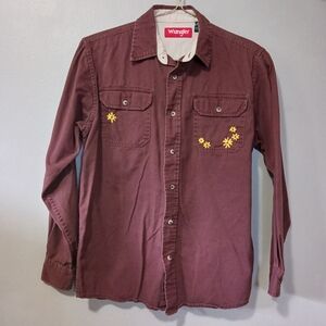 Wrangler Maroon Cotton Button Down Shirt with Floral Embroidery Size Small
